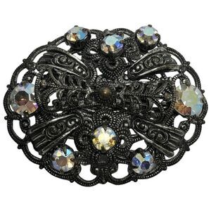 Stunning Vintage Western Germany AB Crystal Filigree Oval Brooch / Pin